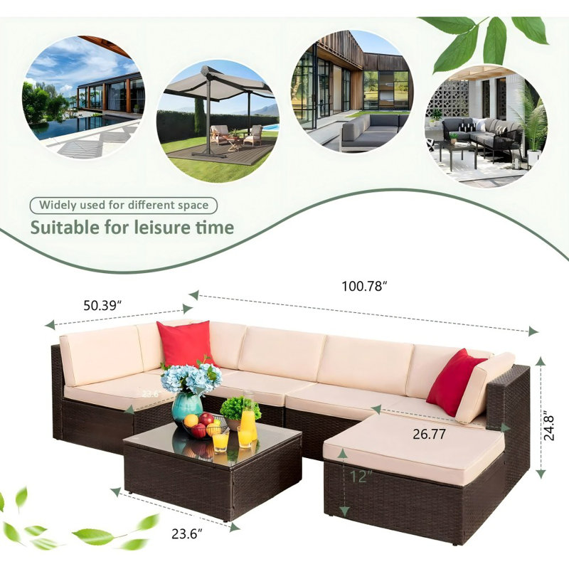 Nia All-Weather 7 Piece Rattan Sofa Seating Group with Cushions, Beige/Red