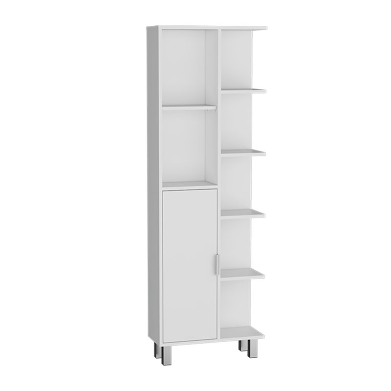 Armoire de salle de bain en lin Mott avec sept tablettes ouvertes, un tiroir et quatre pieds, blanc