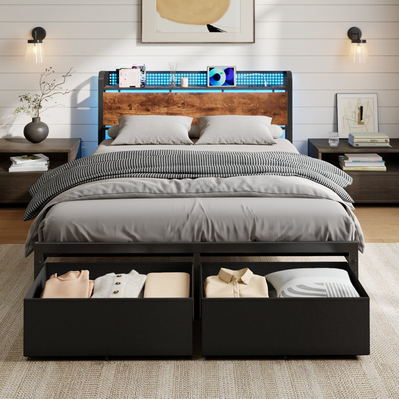 Queen Bed Frame with 2 Fabric Drawers and Open Storage Headboard, Adjustable LED Light and Charging Station, No Box Spring Needed