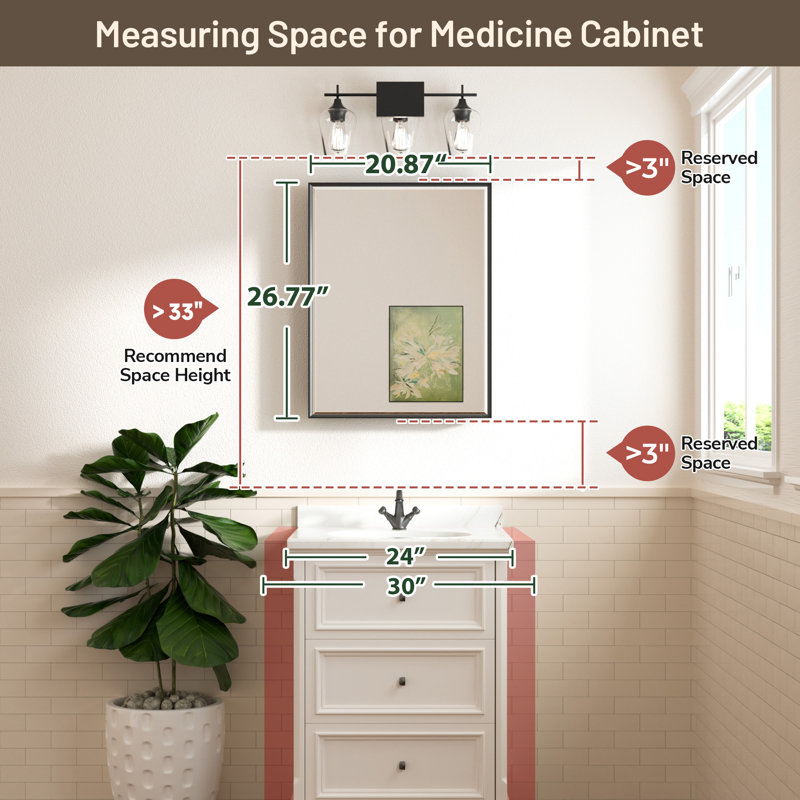 Cyrille Recessed & Surface Framed Medicine Cabinet with Mirror and Shelves, 27" H x 21" W x 5.2" D, Gold/White
