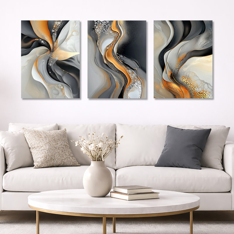 Impression sur toile abstraite fractale dorée et grise, Toile tendue, H 32 po x l 72 po