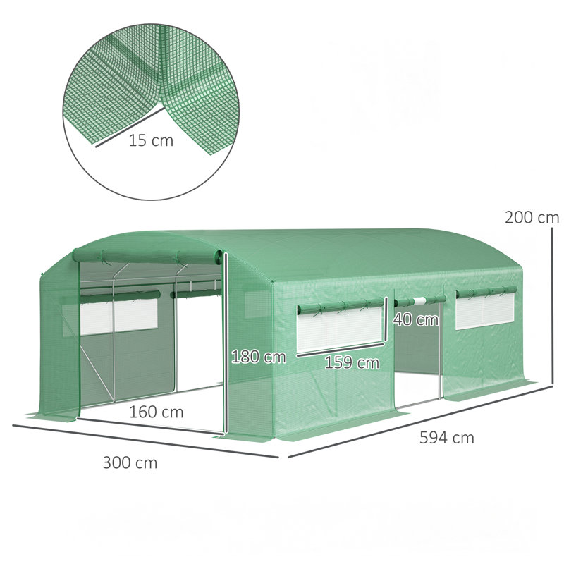 Outsunny 6 x 3 x 2m Polytunnel Greenhouse, 3 Roll-up Doors, Walk-in, Green