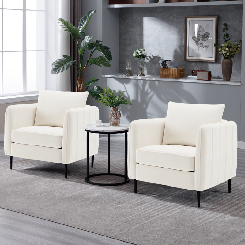  Ensemble de 2 fauteuils simples en velours et rembourrés avec accoudoirs carrés Siniya, Velours blanc