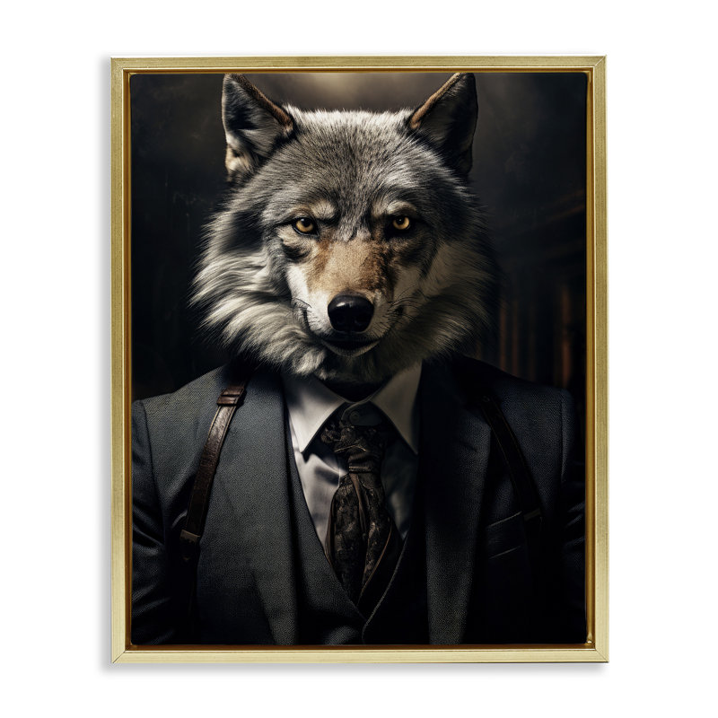 Cadre flottant tendance loup Wall Street, design par Ray Powers, Cadre flottant métallique doré, H 21 po x l 17 po