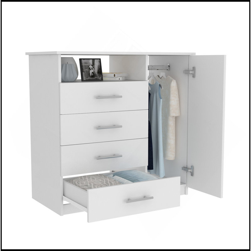 Commode 4 tiroirs, 1 porte ouverte, 1 tablette ouverte, plateau supérieur blanc, Blanc