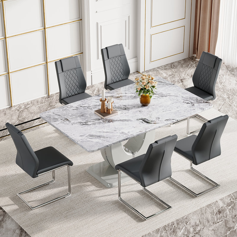 63'' Wooden Dining Table Set, Rectangle Gray Dining Table Set for 4/6 with Leather Chairs, 7, Dark Gray