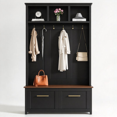 76.6”H Versatile 4-in-1 Entryway Hall Tree, Wood Grain Bench with Dual Drawers and 6 Gold Hooks, Multi-Storage Organizer for Hallway & Living Room, Black