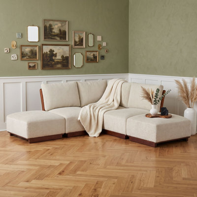 Contemporary Modular Indoor Sofa with Ottoman, Wood Frame, Comfortable Cushions and Deep Seating for Living Room