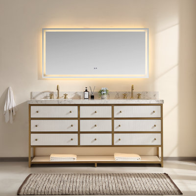 Fully Assembled 72" Luxury Style Bathroom Vanity Modern Exquisite Ceramic Rock Slab One Piece Bathroom Cabinet Double Sink Bathroom Combo Set