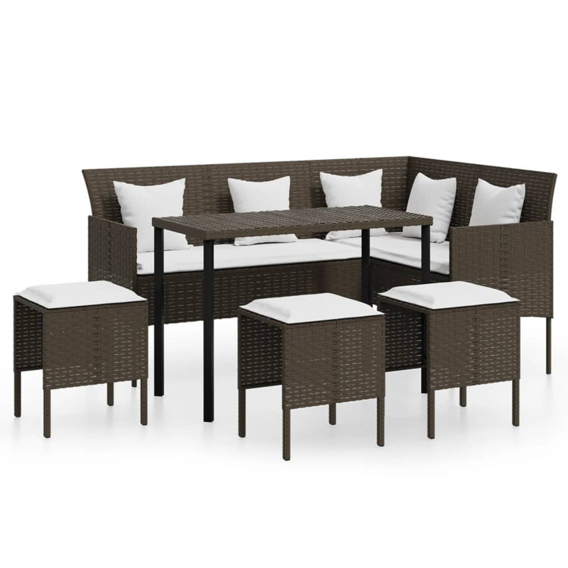 L-shaped Couch Sofa Set 5 Piece with Cushions Poly Rattan, Brown, Brown, White