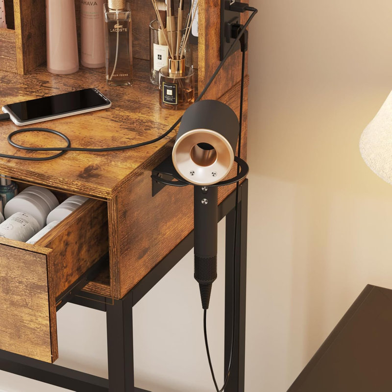 Makeup Vanity Desk With Round Mirror And Lights, Black/Brown