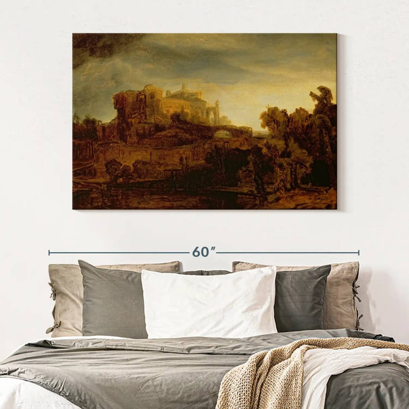 Lilie paysage avec un château, H 34 po x l 51 po