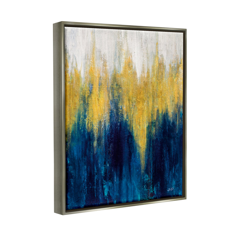 «Blue and Yellow Abstraction» par Julia Purinton, H 21 po x l 17 po x P 1,5 po, Cadre flottant noir de jais