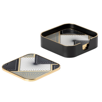 Glass Square 4 Piece Coaster Set With Holder