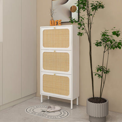 Natural Rattan 3 Door Shoe Rack, Freestanding Modern Shoe Storage Cabinet