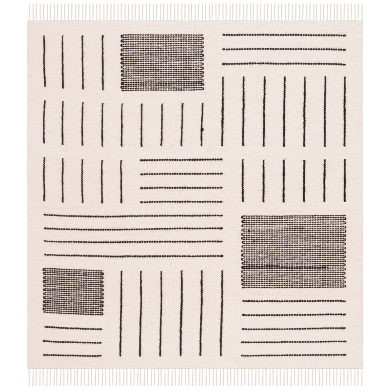 Geometric Handmade Kilim Wool/Cotton Area Rug in Ivory/Black, Square 6'