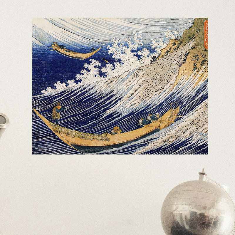 Décalcomanie murale amovible pour bateau japonais sur le vagues, H 22 po x l 28 po, Bleu / brun