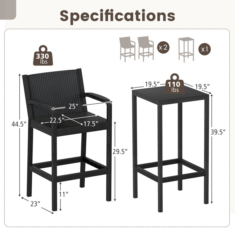 Ensemble de table bistro et chaises de bistro 3 pièces avec cadre en métal robuste