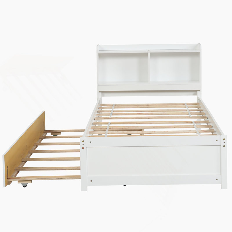 Lit avec lit gigogne et bibliothèque, lit plateforme, structure en bois, Blanc, Lit simple