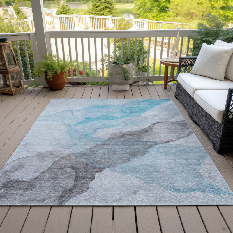 Tapis bleu sarcelle lavable à la machine intérieur / extérieur Xhevrie, Rectangulaire 3 pi x 5 pi