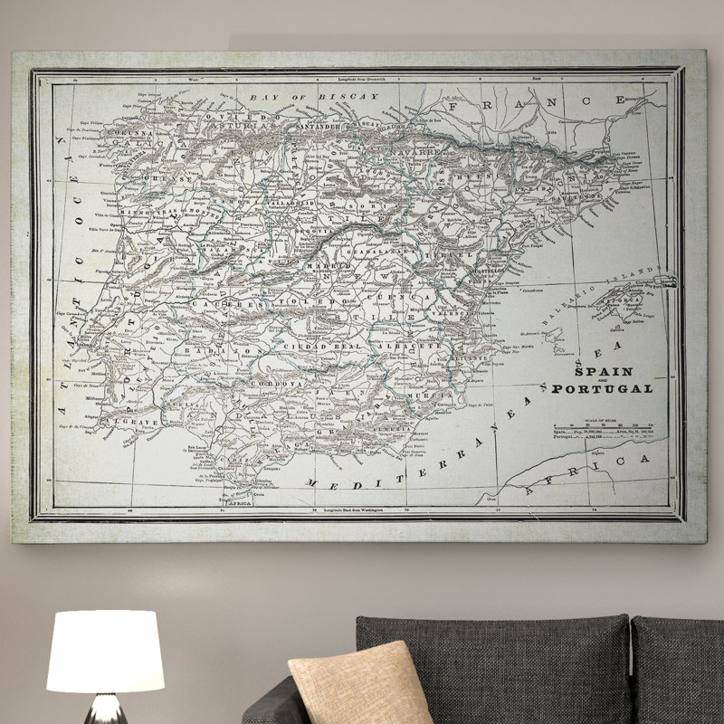 Espagne, croquis de carte II, impression sur toile, H 16 po x l 20 po x P 1,5 po, Noir / blanc