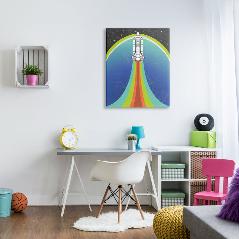 Rocket Ship Taking Off Outer Space Striped Pattern Picture Frame Graphic Art on MDF, 30" W x 40" H, Wrapped Canvas