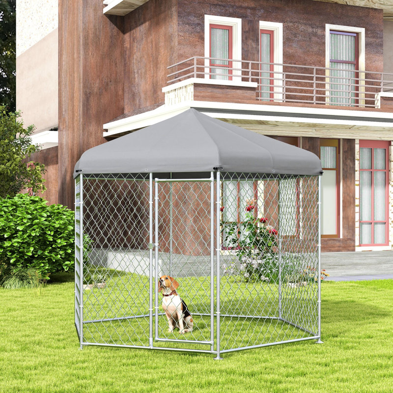 Chenil d'extérieur pour chien de taille moyenne et grande - 9,2 pi x 8 pi x 7,7 pi, toit, porte verrouillable, imperméable, spacieux, imperméable argenté, acier galvanisé