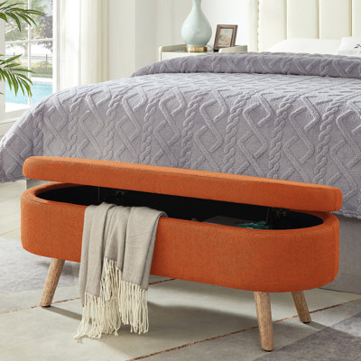 Banc de rangement luxueux orange Boucle avec pieds en bois, capacité de poids de 350 lb, charnière pour la décoration intérieure et siège de rangement ovale, limite, organisation du salon