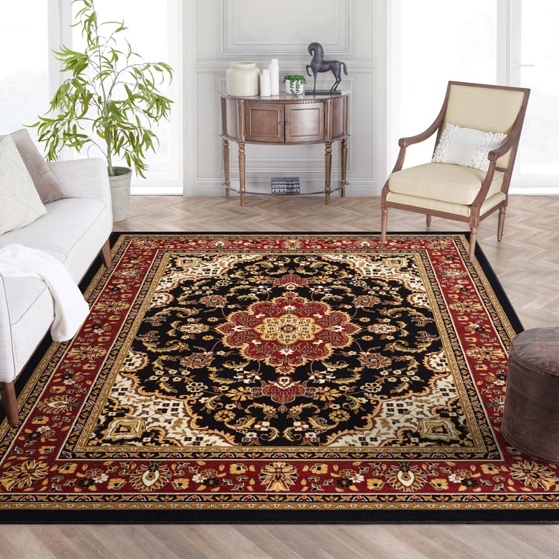 Belliere Medallion Kashan Black Traditional Rug, Rectangle 9'3" x 12'6"