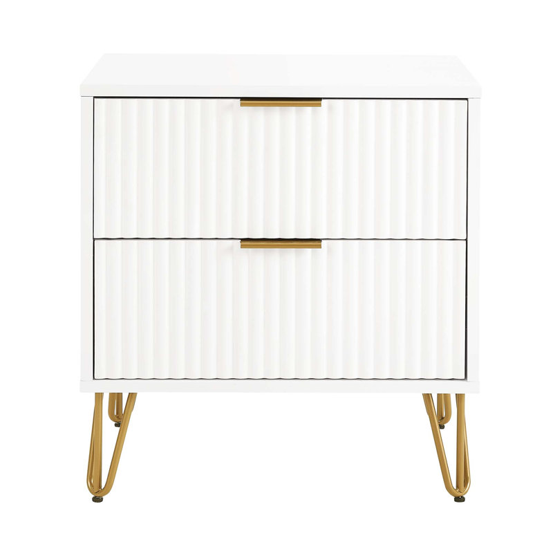 White Fluted Nightstand | Modern 2-Drawer Bedside Table With Gold Legs | Gift Idea, Set of 2, White