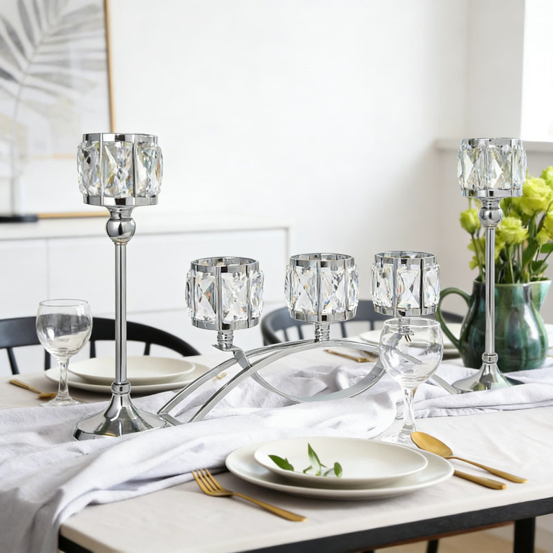 Bougeoir en cristal à 3 bras avec porte-bols, décoration élégante de centre de table et de mariage, base en métal argenté