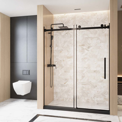 Frameless Single Sliding Shower Door , 1/4 "(6 Mm) Clear Tempered Glass, Explosion Proof Film, Stainless Steel Handle Square Tube Track