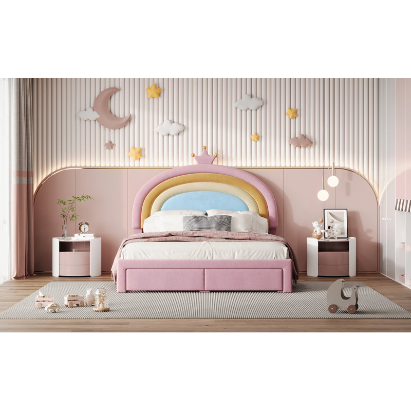 Upholstered Rainbow Design Bed, Velvet Princess Platform Bed With Storage Drawer, No Box-Spring Needed,Colorful Pink, Full