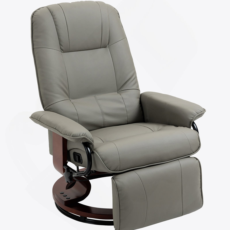 Faux Leather Manual Recliner With Swivel Wood Base Padded Armrest, Gray Faux Leather