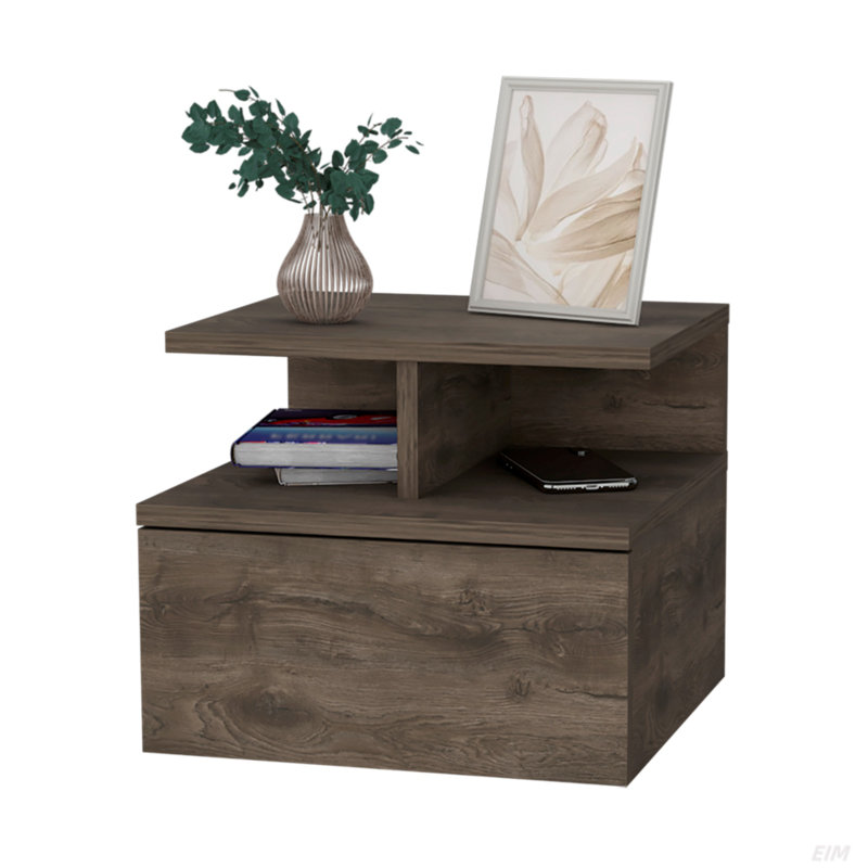 Floating Nightstand With 2-Tier Shelf And 1-Drawer, Dark Walnut