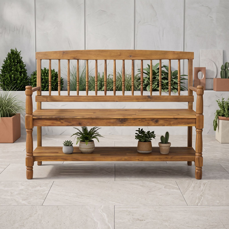 Banc d'extérieur en bois d'acacia avec tablette et structure robuste, siège de rangement rustique pour patio et entrée, Teck