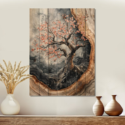 Cherry Blossom Tree Beneath The Blossoms II - Cherry Blossom Wood Print - On Natural Pine Wood