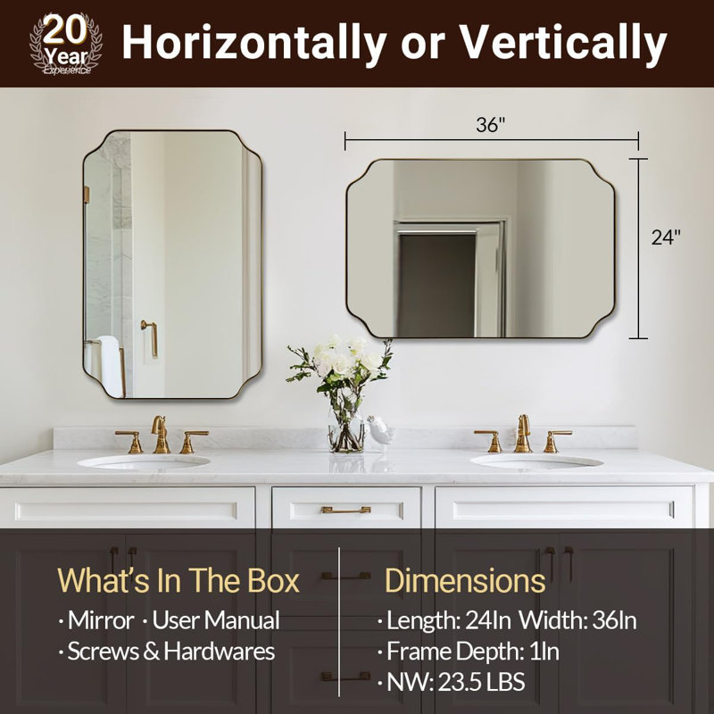 Miroir de salle de bain Modern Cadre en acier inoxydable, 36 po x 24 po, Or brossé