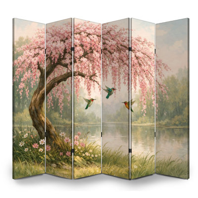 Cloison pliante 6 panneaux paravent Royal Cherry Blossom Tree Colibri Serein Spring Landscape Toile séparateur de pièce Paravent de protection autoportant