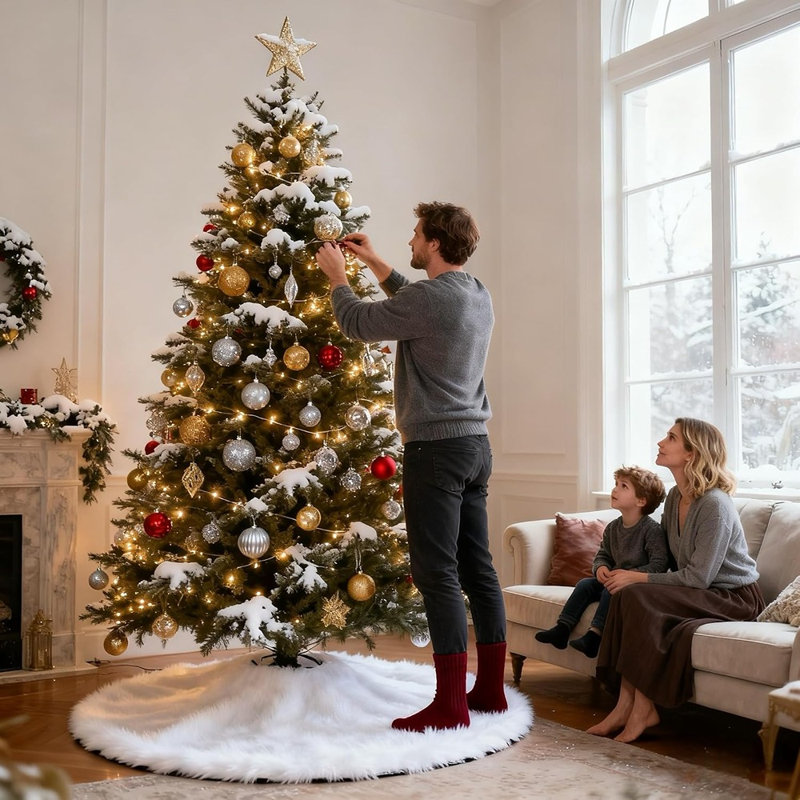 White Fluffy Faux Fur Christmas Tree Skirt, Cozy Snowy Holiday Tree Mat, Indoor & Outdoor Festive Décor