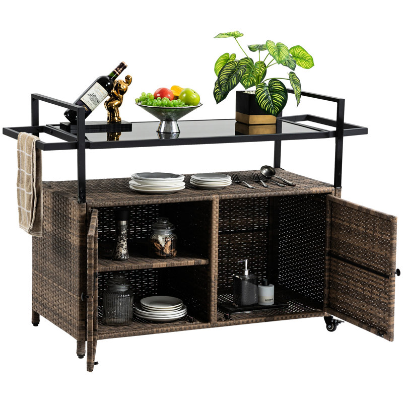 Outdoor Food Cart With Smooth Wheels And Glass Tabletop - Brown For Patio Backyard Beverage Storage Top Poolside