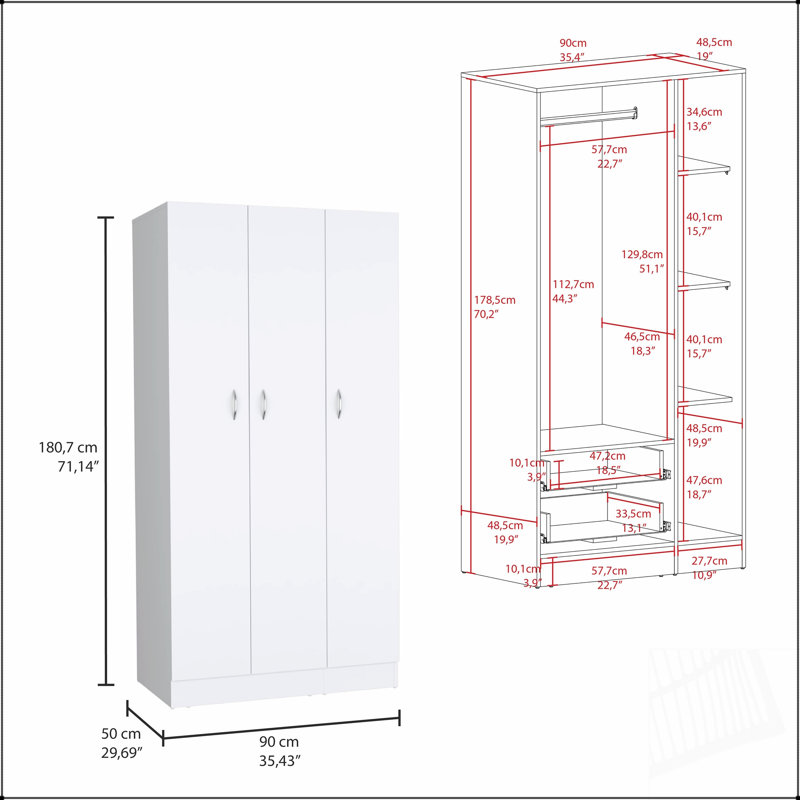 Armoire Ohio avec 3 portes, 2 tiroirs et 4 tablettes à 4 niveaux pour un rangement organisé et une esthétique moderne