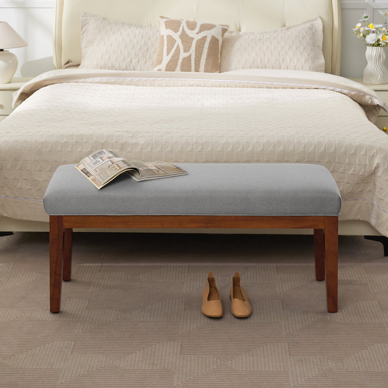 44" W Linen Upholstered Bench with Solid Wood Legs, Light Gray