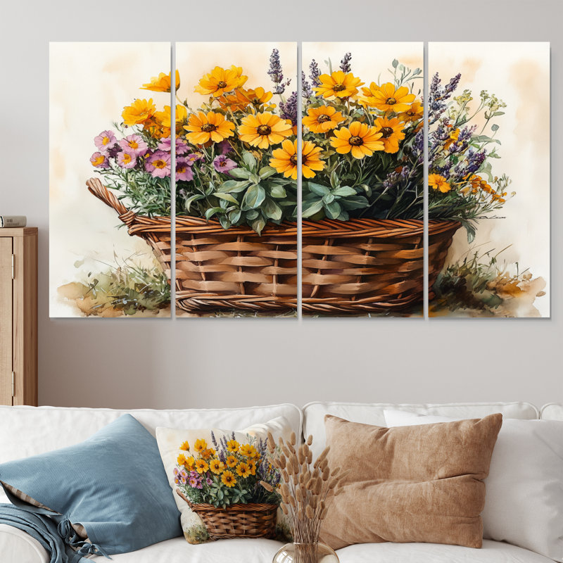 Panier de jardin jaune avec fleurs sauvages, H 28 po x l 48 po