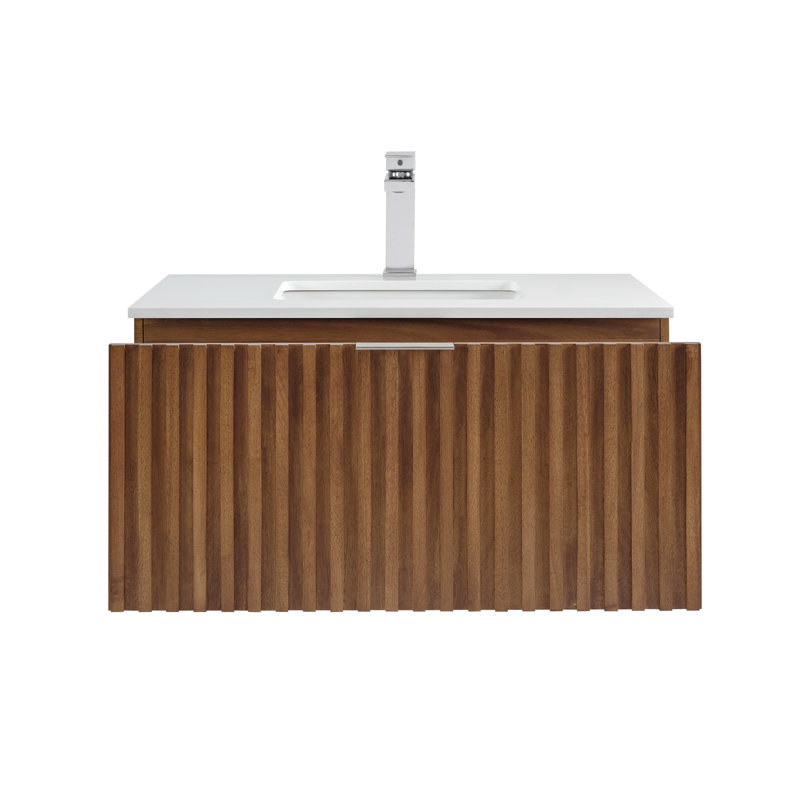 Terra 36'' W Single Vanity, Walnut, Brushed Nickel, White Quartz/Single Faucet Mount