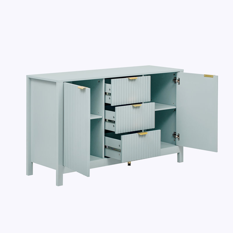 Wave Design Sideboard Storage Console Table with Adjustable Shelves, 3 Drawers & Soft-Close Doors, Cyan