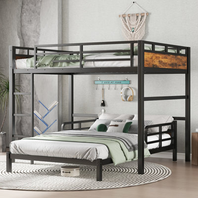 Full XL over Full XL Metal Bunk Bed/Metal Loft Bed and Metal Platform  Beds,with raised security fence,Vintage Wood-colored