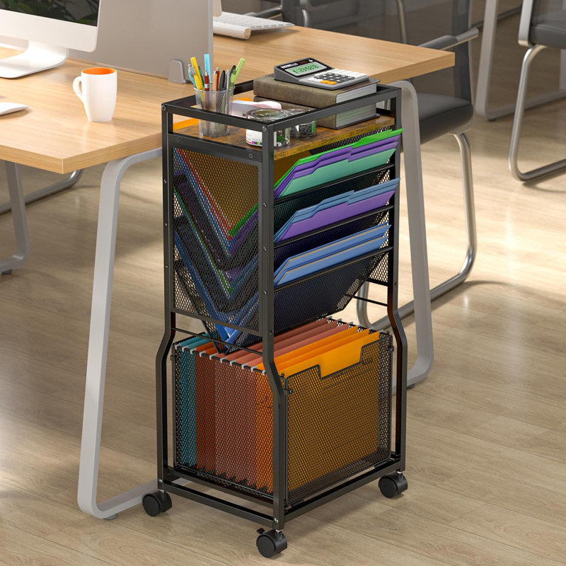 8-Tier Rolling File Cart with Hanging File Folders & 2-Sided Bookcase for Office/Home Organization