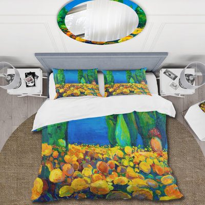 Paysage de floraison jaune avec arbres verts - ensemble de housse de couette traditionnel - microfibre de polyester
