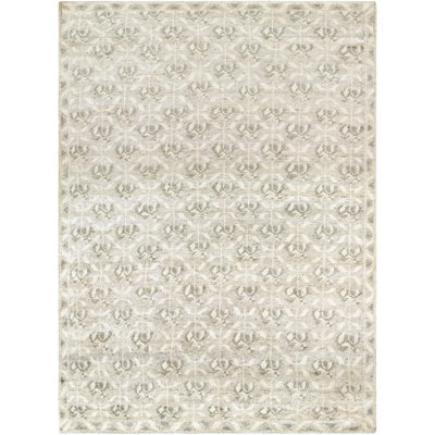 Anni Hand Knotted Block Print Area Rug in Beige